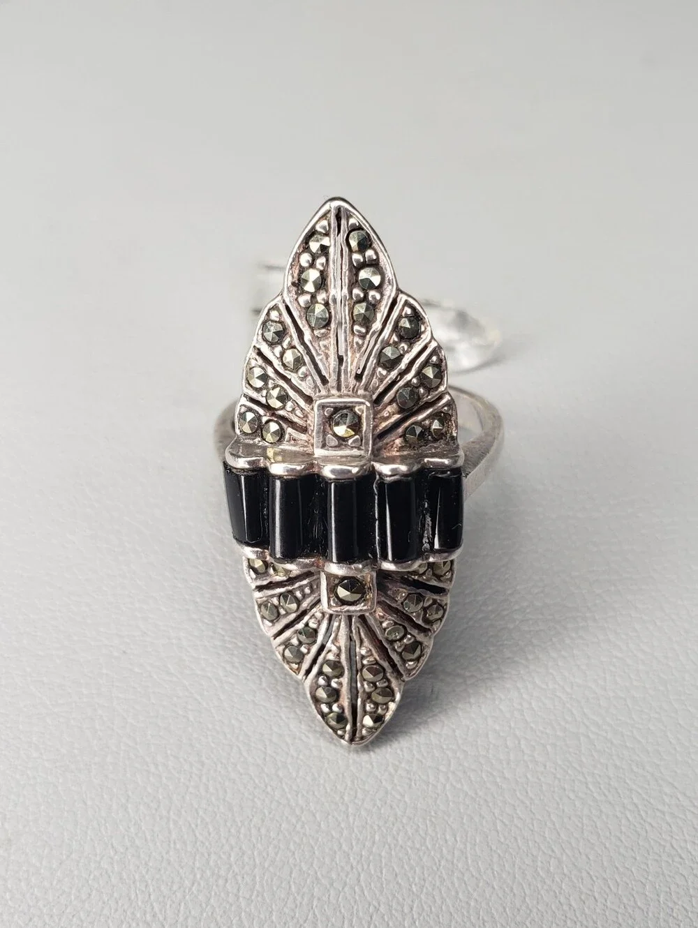 Art Deco Black Onyx and Marcasite Silver Ring - Elegant Statement